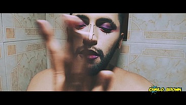 Alien boy jerking his big uncut cock in the shower and eating his own cum