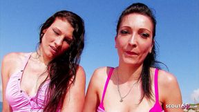 Stepmom helps teen stepdaughter on her first time at the beach with strange guys