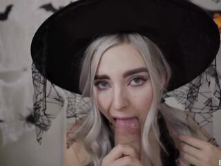 Cute slutty witch gets facial and swallows cum - Eva Elfie