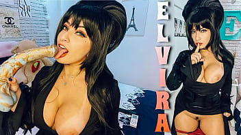 Elvira cosplay fucking and playing with her huge bad dragon dildo cumming in her mouth TRY NOT TO CUM CHALLENGE