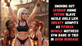 smoking hot lesbian anime fetish slave muscle girls lick sweaty armpits as fitness muscle mistress gym babe is tied in BDSM bondage