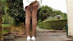 Jessie's Sexy Outdoor Stockings Tease In Short Skirt!