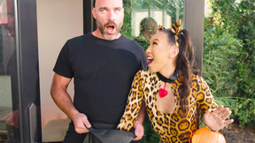 Horny Asian teen gets humped by a huge dick neighbor on Halloween