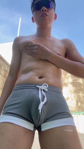 Horny Boy Huge Veiny Cock under his Tight Short   Clip 1