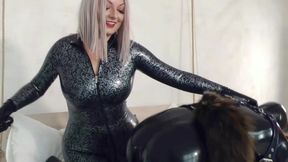 Pet Play with Heavy Rubber Fetish. Shiny Mistress in Latex Catsuit and Her Submissive. Positive Femdom.