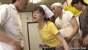 Public gangbanging leaves Japanese waitress Asuka creampied