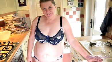 Voluptuous housewife Rachel takes him deep in the kitchen with her big natural tits on display