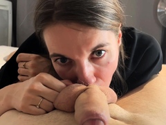 Brunette teen swallowing cum in POV blowjob