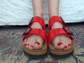 Toe fetish - wiggling my toes in red patent leather Birkis Birkenstock part 2