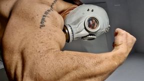 FBB gas mask super pumped muscles grunting high flexing hardcore muscle pecs topless giantess biceps view