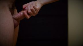 Melody Cheeks gives a handjob to sub while saran wrapped with cock slaps and cumshot ending