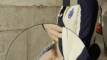 Amateur boy taking his fat cut cock out of his jeans and pissing in the street