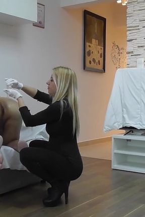 Horny MILF Stuffing Her Hand in Her Slaves Ass