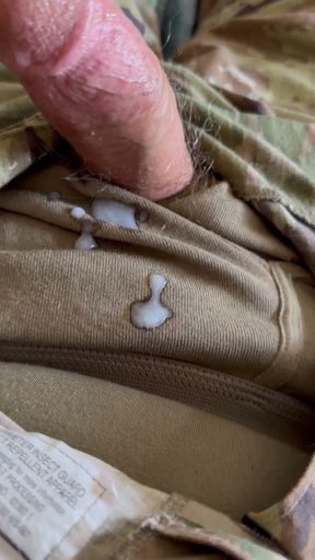 Soldier jerks his hard cock in uniform dripping precum with hot cum shot   Clip 1