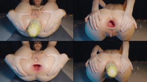 ANAL PLAY with ZUCCHINI AND GAPES (Hairy, Gape, Vegetable, Farts, Doggystyle, Huge toy, Hardcore)