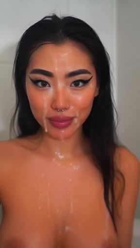 facial, gooned porn, a sexy Japanese Slut, wet hair, video created by AI