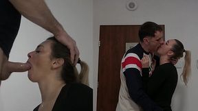 Cheating wife kisses her hubby after work where she blows boss' dong