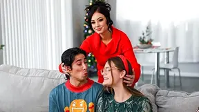 Stepbrother gets caught humping my bed so stepmom and I give him our pussies for Christmas