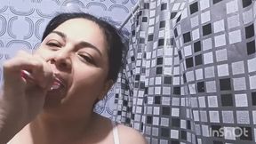 Brushing teeth and putting gel on the face