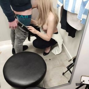 Quickie Public Dressing Room Blowjob. Got interrupted by the security guy