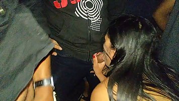 Slutty brunette is sucking random dicks during a private party, in the middle of the night