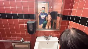 Busty Sexy Brunette Girl Takes On Phone Her Quick Creampie Fuck In the Public Toilet