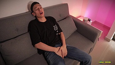 Hot Uncut Twink Jacobo Torres Jerking Inside a Condom Breaking It with His Big Cock and Shooting His Massive Cum Load