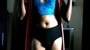 Indian Crossdresser Krithi Sexy Belly Tease In Blue Lingerie