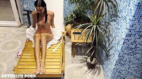 Petite Latina Gives Oily Footjob in a Public Sauna