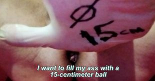 My ass swallows the ball. I inflate it to a diameter of 15 centimeters and shoot it out. Plus slow motion