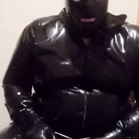 Thick guy in Black Latex Tracksuit prepares ass for pegging from the wife