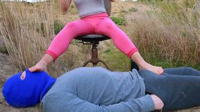 Outdoor barefoot worship and footjob with cute amateur feet
