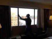 wetsuited masked horny guy comes onto hotel room window