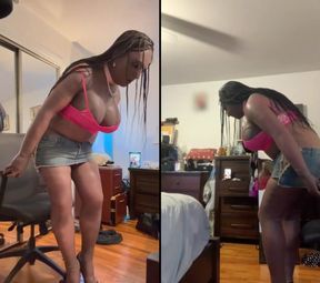 Black Babe Danae in a Super Tiny Mini Skirt Rubbing Her Pussy