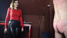 Poor slave whipped hard from leather femdom chick