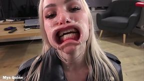 Mya wearing Levi'_s jeans and leather jacket and gets fucked through hole, piss on clothes, mouth gag deepthroat