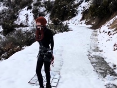 Outdoor solo masturbation scene with curly blonde