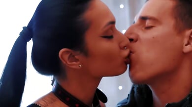Submissive brunette stepsister wears a collar and shares deep kisses