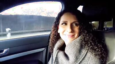 Stunning looking German babe riding a long rod in the car