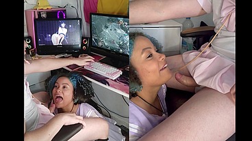Trans Girl getting a blowjob while playing games