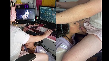 Trans Girl getting a blowjob while playing games