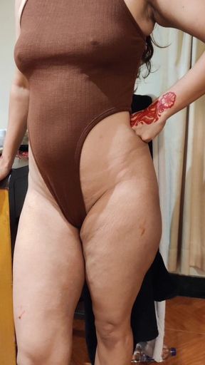 Brown Bodysuit Watch My Shaved Pussy