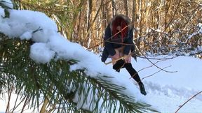 Russian redhead amateur beauty in the winter forest pisses