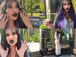 Gothic Witch Wanders the Cemetery, Performs Ebony Magic Rituals, and Makes U to Worship Her and Satan.