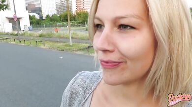 Blonde daddy’s luder getting her hairy cunt piss pounded in the street