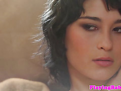 Hairy brunette model masturbates