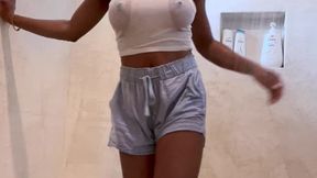 Kelsey Rose strips and gets in the shower as she suds up and rubs her hot ebony body for you