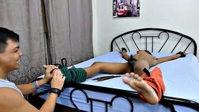 Clark is a newcomer and boy is he a slim sexy Asian twink! Best of all, he's really ticklish! This Asian boy is spreadeagled while Vahn and I tickle his soft, smooth soles with feathers, fingers, some homemade finger points, and a hairbrush.