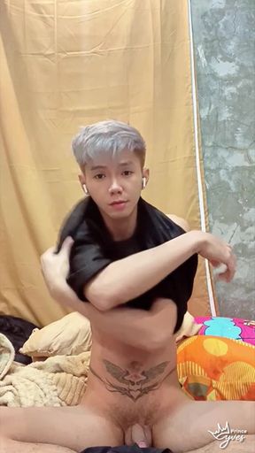 Inked Asain Boy Playing with His Anal Vibrator Toy