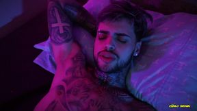 Hot Tattooed Twink Jerking His Big Uncut Cock with Oil and Shooting His Cum